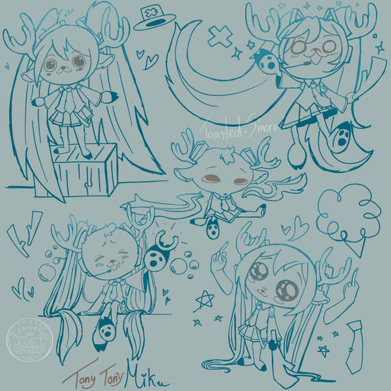 Five sketches of Tony Tony Chopper in different poses, dressed as Hatsune Miku in blue and brown in front of a blue background with doodles of stars, hearts, bubbles, leeks, cotton candy, Chopper’s hat and Miku’s tie. ‘Tony Tony Miku’ is in blue and brown.