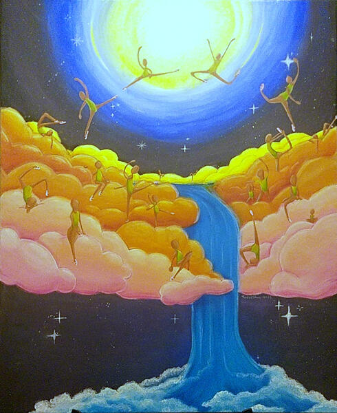 A night sky with stars, a full moon, colourful clouds and a sky waterfall. On the yellow orange and pink clouds, and jumping in front of the moon are black dancers wearing green leotards and light pink-almost white ballet shoes.