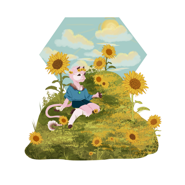 A piglin wears a blue top, shorts and green gem necklace. They have brown and white patches on pink fur and sit on a hill with sunflowers and the sky in a hexagon shape with part of the sun blocked by clouds. The character belongs to Aaraisexausted.