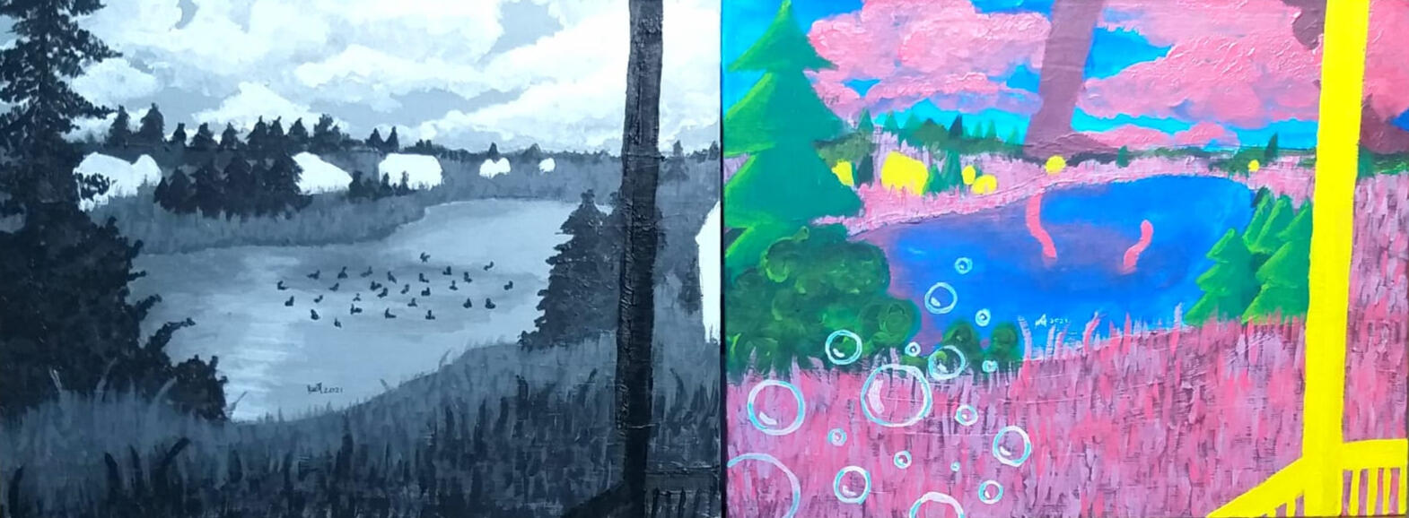 Two pieces of the same scenery. The left is monochrome and semi-realistic painting. The right is a surrealist with bright pink, yellow, green &amp; blue colours. Tentacles come up from the water, a giant’s feet walk and bubbles are in the foreground.