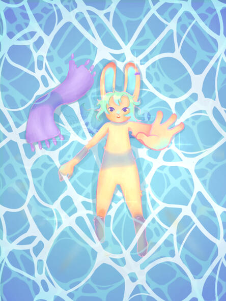 A top-down view of a bunny floating in the sea with their stomach, left elbow and fingertips, legs below the knee and back of their hair covered by water and one outstretched arm with a purple scarf floating nearby. The character belongs to Sleepyshiloh