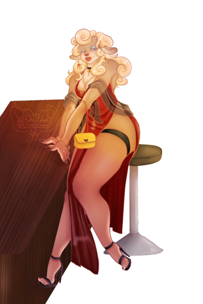 A female sat on a metal barstool with brown and white skin, long blonde hair, and blue eyes. She wears gold and red jewellery, a black choker, thigh garter shoes and a scarf, a red satin dress and a gold purse. The character belongs to LemonSnail