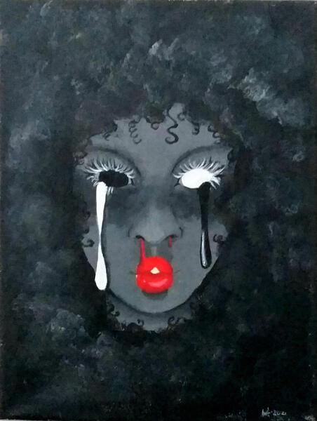 A grey woman’s face with black features. Her left eye is black with white lashes and tears, and her right eye is white with white lashes and black tears. She has freckles and red blood dripping from her nose onto her bright red slightly parted lips.