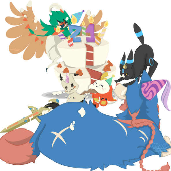 Five Pokemon celebrating a birthday with a cake that has a slice taken out of it. Zician is in the front, Fuecoco and Mimikyu in the middle and Shiny Umbreon and Decidueye in the back. All of them have cake on them and wear different party hats