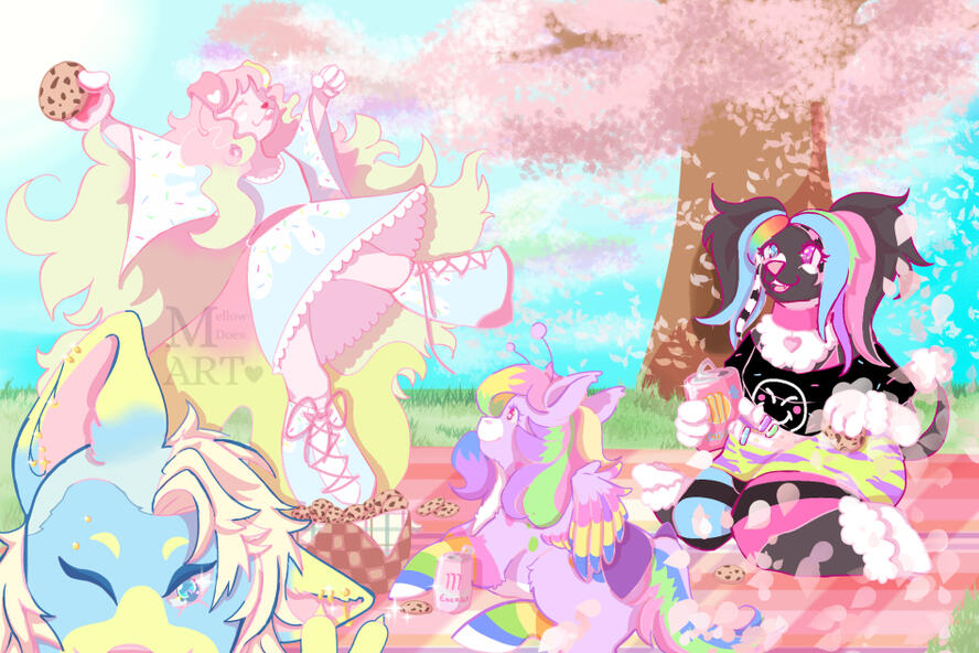 An outdoor picnic with a pink and green dog with blue clothes. A purple pegasus with white and rainbow accents. A black scene poodle with white accents, and multi-colour hair streaks. And a blue and yellow dog. All characters belong to poodleplushie.