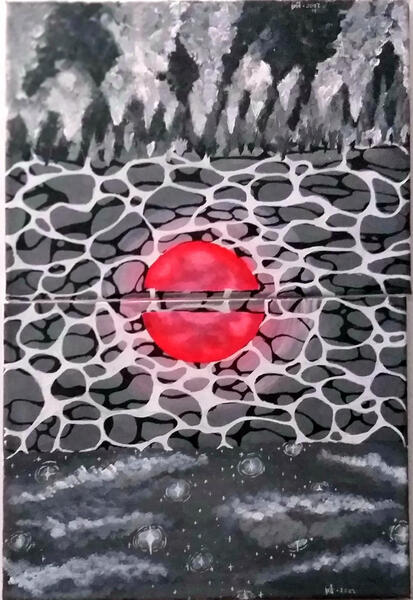 Two paintings together with the top painting having pointed trees hanging upside down from the sky, and the bottom having an upside-down night sky as the ground. Both pieces have water and half of a red moon placed together to form a full one.