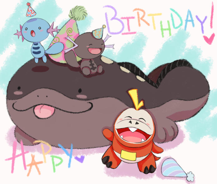A crayon texture of four Pokemon. Clodsire in the back, two woopers on top of their head and Fuecoco in front. They are all wearing party hats in front of a blue crayon-coloured background with ‘Happy Birthday!’ written over in rainbow colours