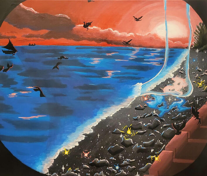 William’s Town Beach with a pink and red sky, black starry sand and a red wall. There are shadows of boats, mermaids, dragons and fairies, colourful pixy spirits and a glass giant’s foot.