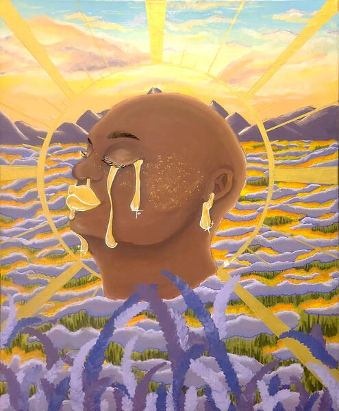 A ‘golden hour’ painting of dark woman with a bald head. She is serene in front of the setting sun with a golden halo, lips, tears and blood from her nose and ears. The background is a purple mountain range and a field of purple and gold flowers