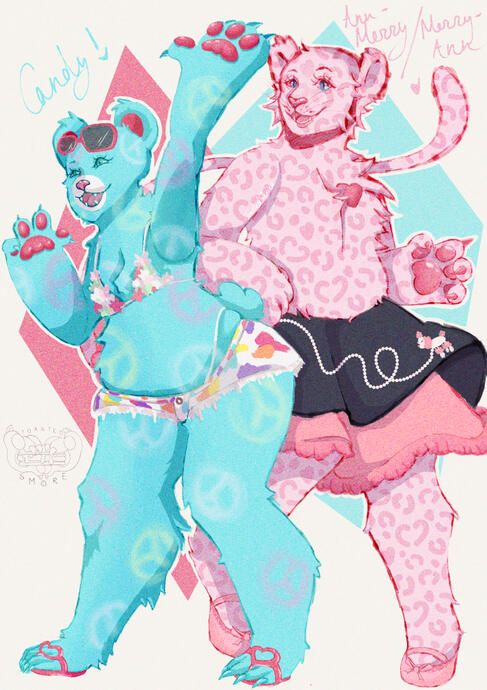 A sketch of two build-a-bears. On the right a pink snow leopard wearing a black poodle skirt, pink tutu &amp; sparkly pink ballet shoes. On the left a blue bear wearing a floral bikini top, multi-coloured white shorts, pink shades &amp; pink heart sandals.