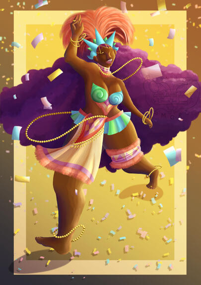 Black woman with long purple hair, red feather accents &amp; beige necklace, chest piece skirt &amp; leg pieces. A blue &amp; green crown, chest plate &amp; underskirt. Gold beads on her ankles, wrists, waist, skirt, neck, &amp; head &amp; rings on both ring fingers &amp; middle toes