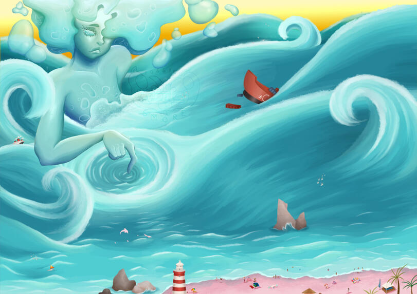 A giant lady made out of water merges with the ocean making a whirlpool with her finger In the ocean with her is a cruise ship, a sinking cargo ship, rocks, pink dolphins and a small sailboat. There is a pink-sand beach with a lighthouse and people on it.