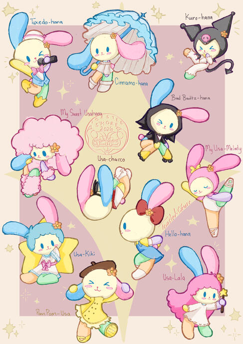 Eleven drawings of Usahana in different poses cosplaying as different Sanrio characters in front of a white and pink background with yellow stars.