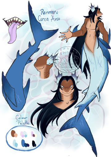 A reference of a shark mer in front of a water background. They have brown skin, a blue tail, black hair, and opal eyes. They have scars on their torso and tail. Their ‘Colour Pallet’ name ‘Renmaru Corea Arco’ written in blue.