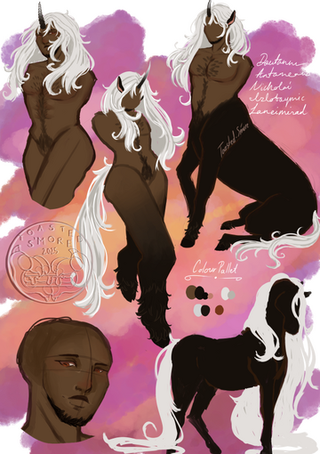 A ref sheet of a unicorn in front of a pink, purple and orange background. He has brown skin, white hair, black stubble, a horn, red eyes, & black fur. ‘Colour Pallette’ and ‘Dautannu Artameaus Nicholai Izlotaymic Laneimirad’ are written in white.