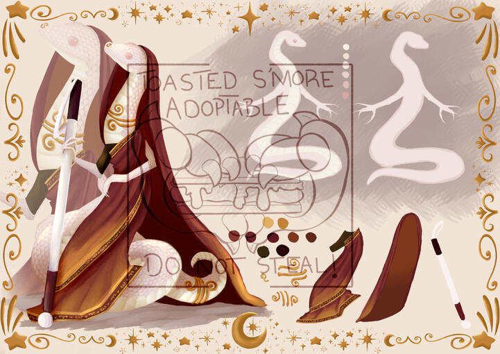 Fall ref sheet of an albino python in a purple, orange and gold saree with a brown shirt, golden jewellery and a guide cane. There's a front and back view, individual assets and colour palette. The background is white with gold swirls, moons and stars trim