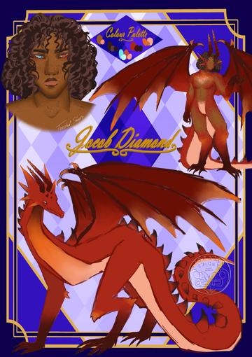 A reference sheet of a red, orange, cream and black dragon. His human form has brown skin and hair, &amp; eyes are left - blue and red - right. His ‘Colour Pallet’ and name ‘Jacob Diamond’ are written in gold &amp; the background is blue and gold with diamonds
