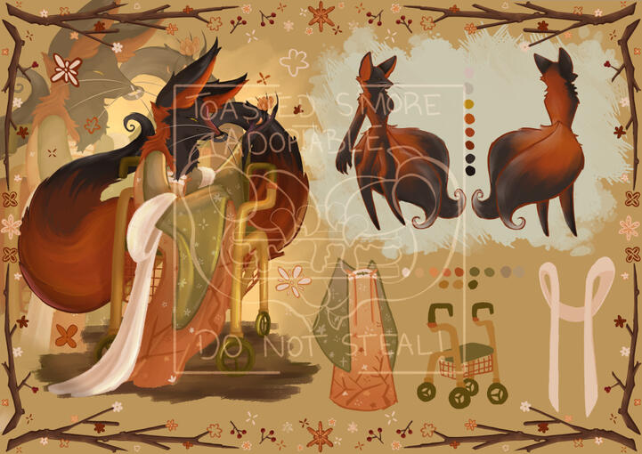 Fall ref sheet of a red and black fox wearing an orange and green hanfu with flower and branch details, white shawl & using a rollator. There is a front and back view, assets and colour palette in front of a yellow background with a branch & flower border