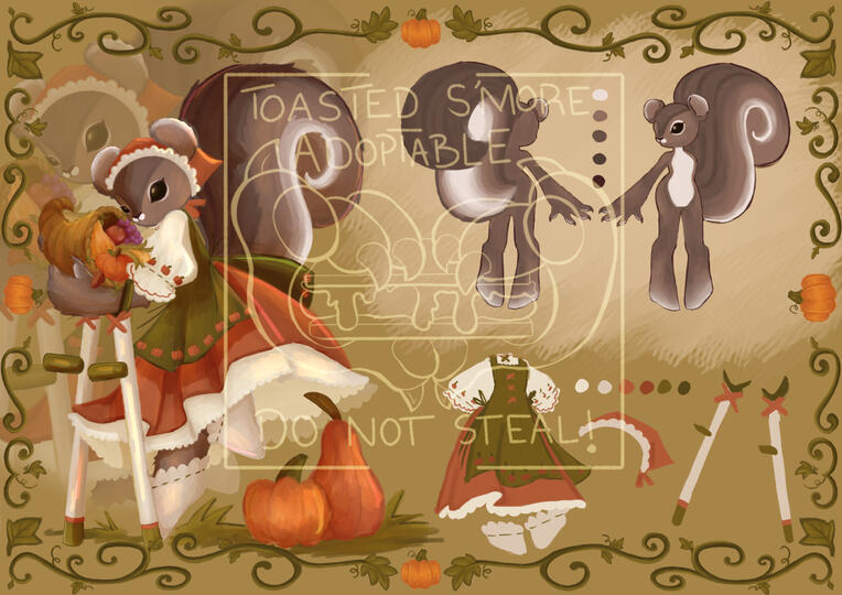 An Autumn cottagecore squirrel adoptable with forearm crutches and pumpkin motifs