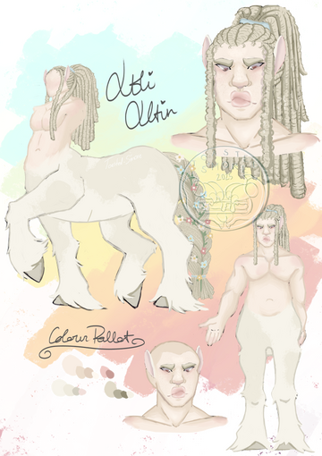 A ref sheet of a centaur in front of a colourful pastel background. He has albinism with blonde dreads with flowers braided into the tail, pale skin, red eyes & white and blonde fur with spots. ‘Colour Pallet’ ‘Atli Altin’ are both written in grey.