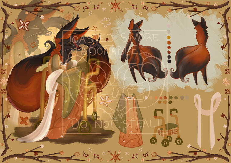 A black and red Autumn themed cross fox adoptable. They are wearing a hanfu, sitting in a rollator and have flower motifs.