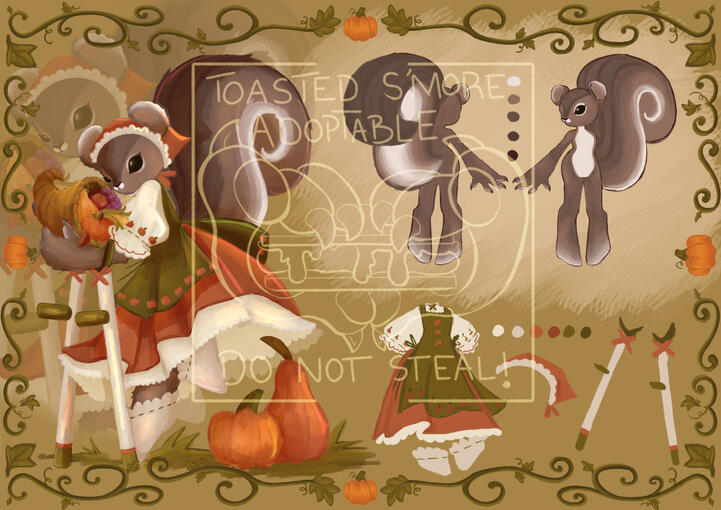 Fall ref sheet of a grey cottage core squirrel in a skirt, blouse, apron, head tie & socks, using forearm crutches & holding a cornucopia. There's a front and back view, assets and colour palette in front of a green background with a vine and pumpkin trim