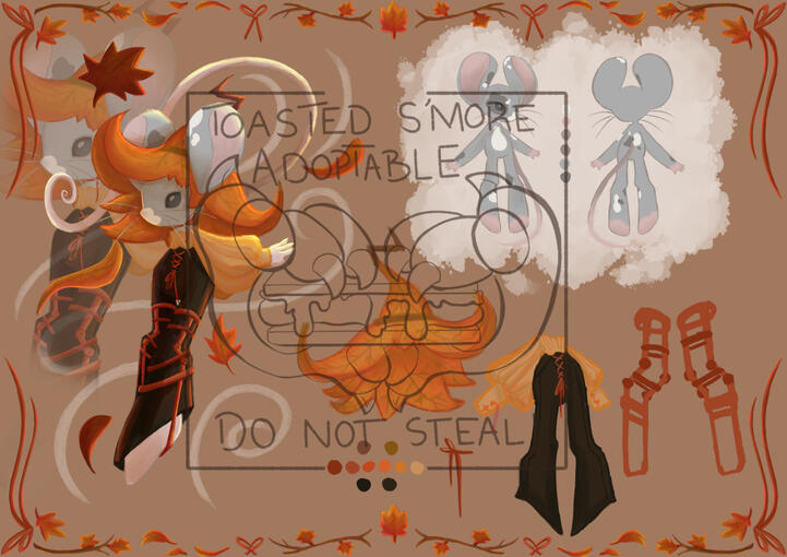 Fall ref sheet of a grey mouse. wearing an orange leaf hat, blouse, black pants, red ribbons and leg braces. There's a front and back view, individual assets & colour palette. The background is brown with branches, leaves and a ribbon trim.