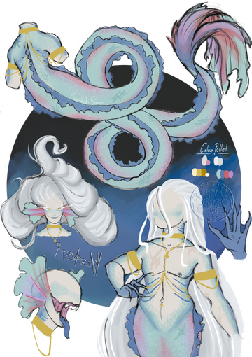 Ref sheet of a merman in front of a blue and black circle background. He has silver hair, gold eyes, pale skin, gills, a blue and red tail, fins and frill & body scars. He's wearing gold jewellery with ‘Colour Pallet’ written in white.