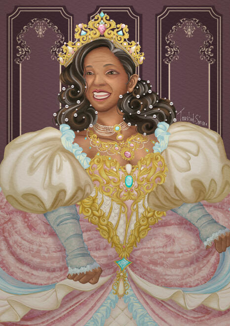 A semi-realistic portrait of a woman in a Regency themed outfit in front of a purple wall. The dress is pink, blue and yellow with a gold crown, bodice, and necklaces. Pearls are in her hair and around her neck, and colourful gems are in her gold jewellery