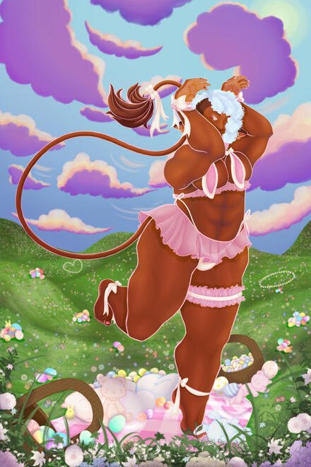 A dark-skinned male with curly blue hair in front of a flower field. His arms are raised with his hand by his head to mimic bunny ears and he wears a three-piece pink and white bunny lingerie set, white cuffs a thigh garter and a tail ribbon