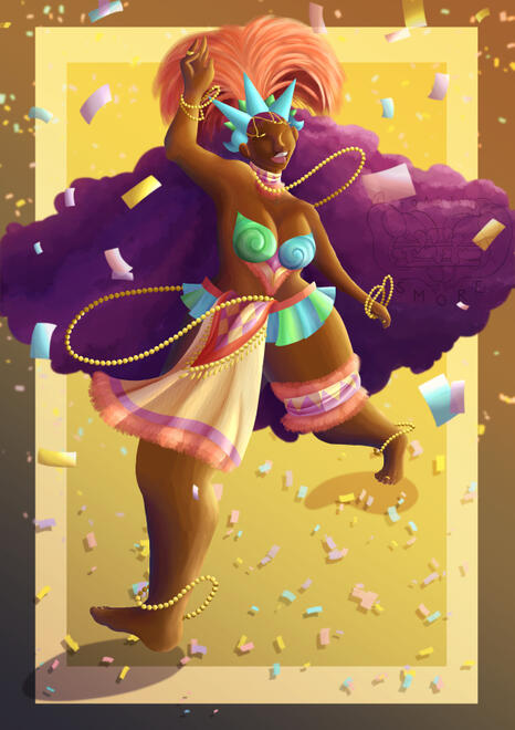 Black woman with long purple hair, red feather accents & beige necklace, chest piece skirt & leg pieces. A blue & green crown, chest plate & underskirt. Gold beads on her ankles, wrists, waist, skirt, neck, & head & rings on both ring fingers & middle toes