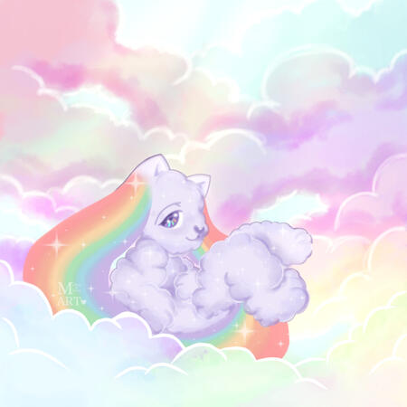 A fluffy purple cloud creature floats in a pastel sky among other clouds. She has small triangular ears, rainbow hair and her whole body is surrounded by stars and sparkles as she hovers with light rays coming down on her. This character belongs to Holuna.