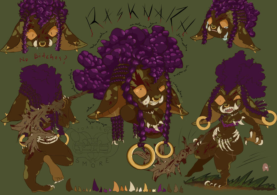A ref sheet of a goblin in different poses. She has brown skin, light green vitiligo spots, faded scars across her body, orange cat eyes, yellow-gold piercings, purple hair, bone and fabric scraps as clothes and accessories, & a tree root as her weapon
