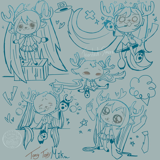 Five sketches of Tony Tony Chopper in different poses, dressed as Hatsune Miku in blue and brown in front of a blue background with doodles of stars, hearts, bubbles, leeks, cotton candy, Chopper’s hat and Miku’s tie. ‘Tony Tony Miku’ is in blue and brown.