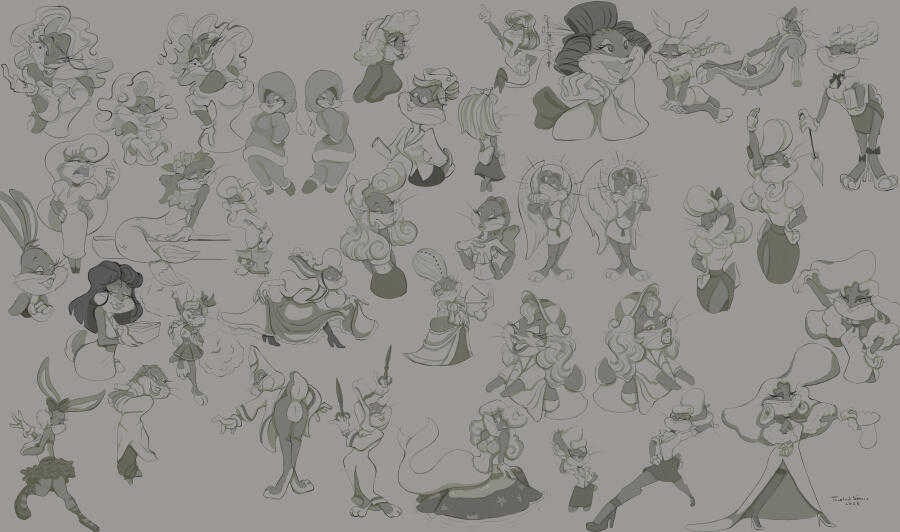 A slightly green-toned, black-and-white collage of Bugs Bunny cross-dressing through the years on a greyish-brown background.
