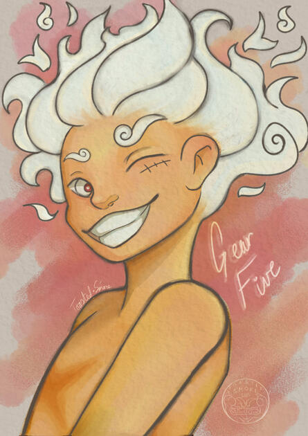 A coloured sketch of Gear Five Luffy in front of a red background. He has white hair, red eyes and tan skin, and is smiling and winking at the viewer with a paper texture overtop. ‘Gear Five’ is written in white on the right by Luffy’s shoulder.