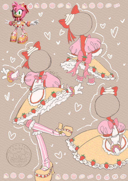 Three coloured sketches of a faceless character in front of a warm grey background with a paper texture and doodles. They're wearing Dulce Amy’s outfit - a red, white, pink and tan sweets themed with strawberries, doughnuts, whipped cream, frosting, & cake