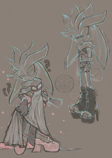 Two sketches of Silver the Hedgehog on a grey background, wearing feminine clothes. On the left he’s in a long dress with pink accents, a bow, platforms &amp; pearls. On the right he's in a bra and panties, fishnets, platform boots, chains and a garter.