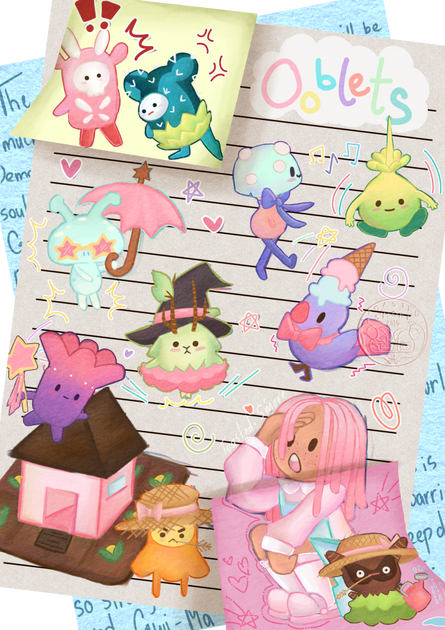 A drawing of ten Ooblets and a player townee on a sticky note and lined paper background with doodles. Theres a Skuffalo, Bristlebud, Feeble, Unnyhunny, Tud, Clomper, Dumbird, Clickyclaws, Lumpstump &amp; Wigglewip with the townee crouched down and looking up.