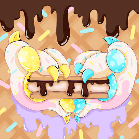 Stuffed animal furry with light pink and white fur, rabbit ears, a lion's mane and yellow, blue and purple accents on the face. The white areas have pink, blue and yellow sprinkles and a tag on their ear saying "Buy Me, Love Me. No Refunds or Returns"