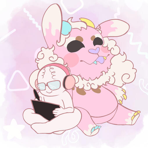 A circular icon of two paws holding a s’more in front of a waffle background with sprinkles, chocolate drips at the top and purple at the bottom. The paws are light pink, yellow, blue and white with stars on the paw pads and sprinkles on the white areas.